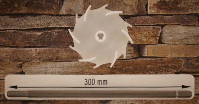 Dissolver 100 mm aus Polyamid 6 mit Dissolverwelle 300 mm lang, aus 10 mm sechskant Edelstahl rostfrei mit Zapfen 10 mm zur Verwendung in Bohrfuttern bis max. 10 mm (3/8")