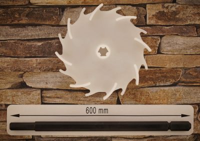 Dissolver 150 mm aus Polyamid 6 mit Dissolverwelle 600 mm lang, aus 14 mm sechskant Stahl mit Zapfen 13 mm zur Verwendung in Bohrfuttern bis max. 10 mm (3/8")